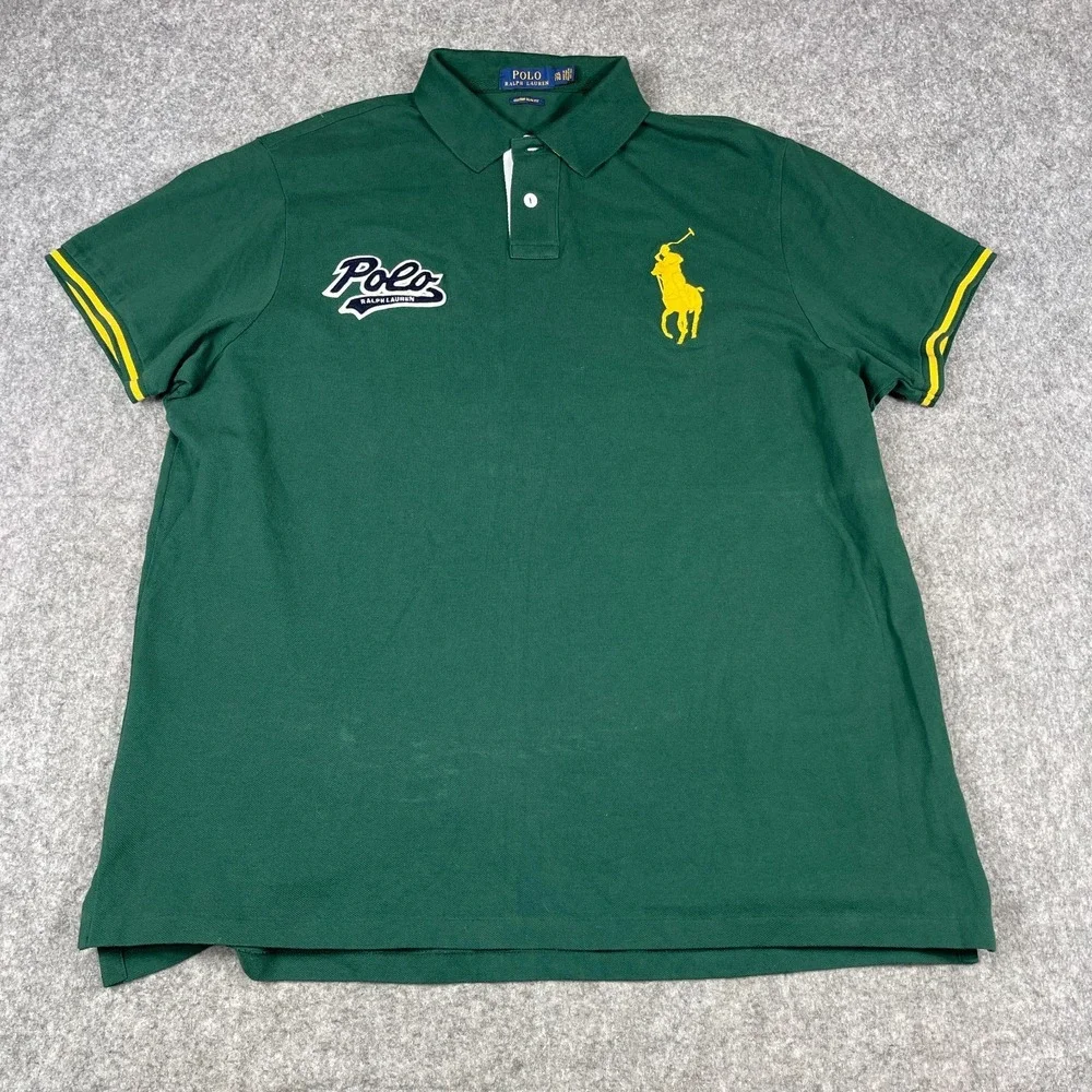 Polo Ralph Lauren Polo Shirt Mens XXL Green Big Pony Script Slim Fit Varsity